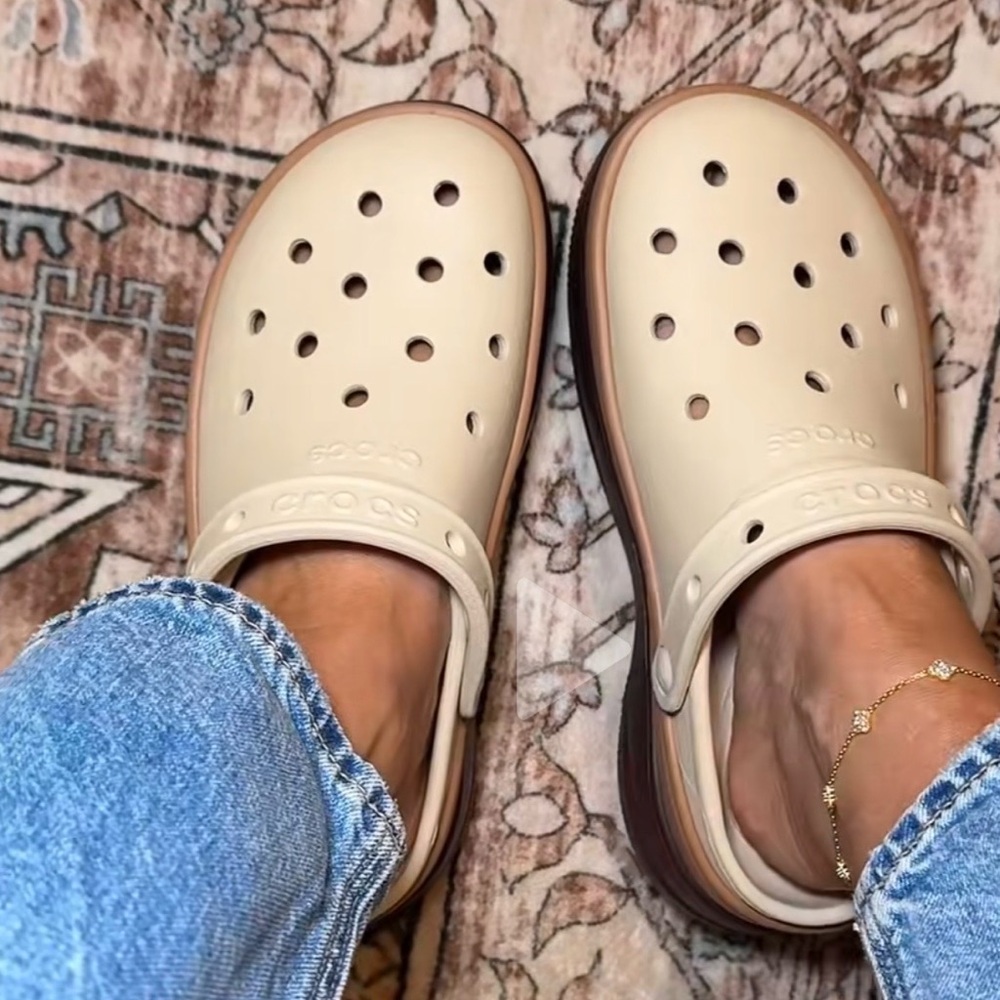 CROCS Cream and Brown Mules stacked clog